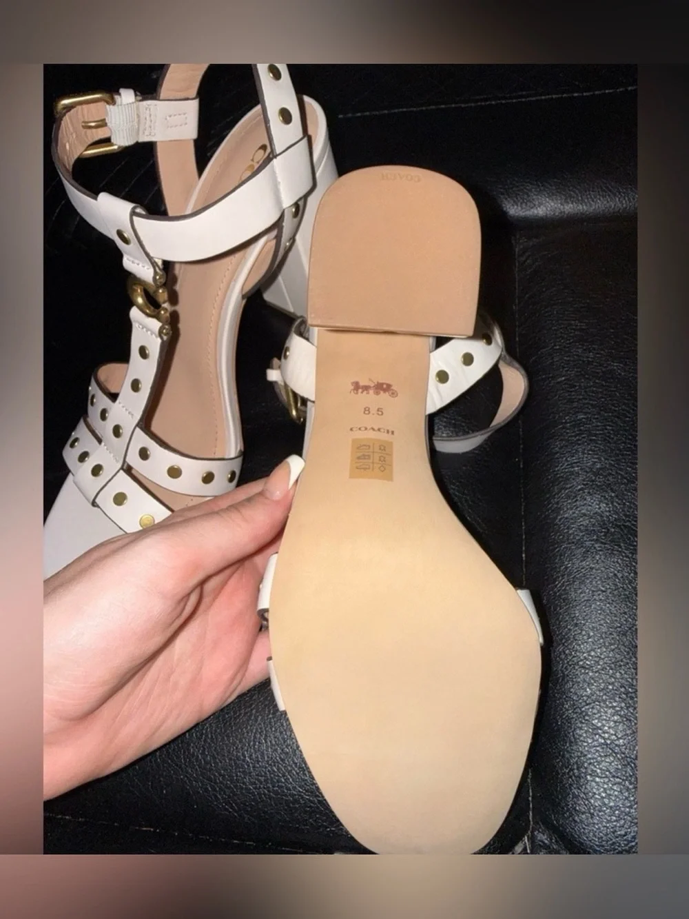 Coach White Studded T-Strap Block Heel Sandals